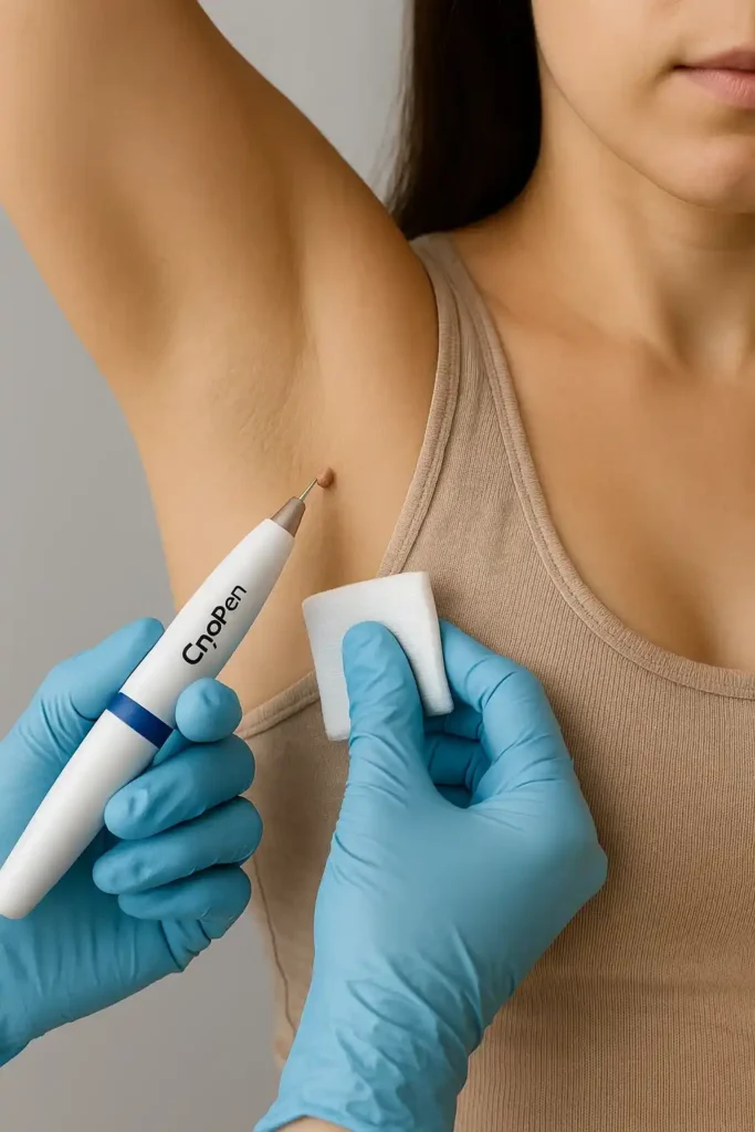 woman having cryopen to remove underarm skin tags West Yorkshire