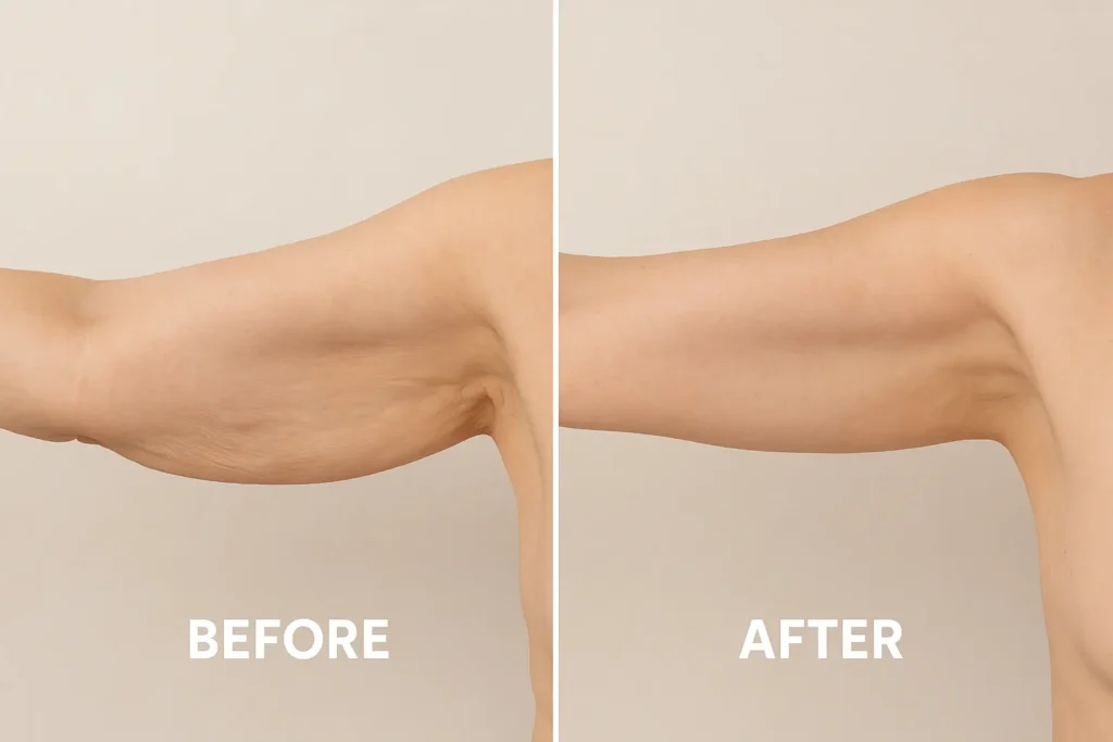 Picture of LA LIPO West Yorkshire before and after results of skin tightening treatment on the upper arms.