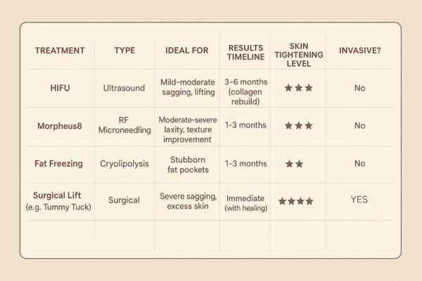 Table showing the comparisons of Skin tightening West Yorkshire treatment options.